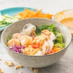 Summer roll bowl on benchtop, grated carrot, shredded cabbage, chopped lettuce, vermicelli, sliced cucumber, avocado, shrimp, chicken slices and satay sauce drizzled down the centre garnished with peanuts. Bowl in background with satay sauce and plate with grated carrot and cucmber slices.