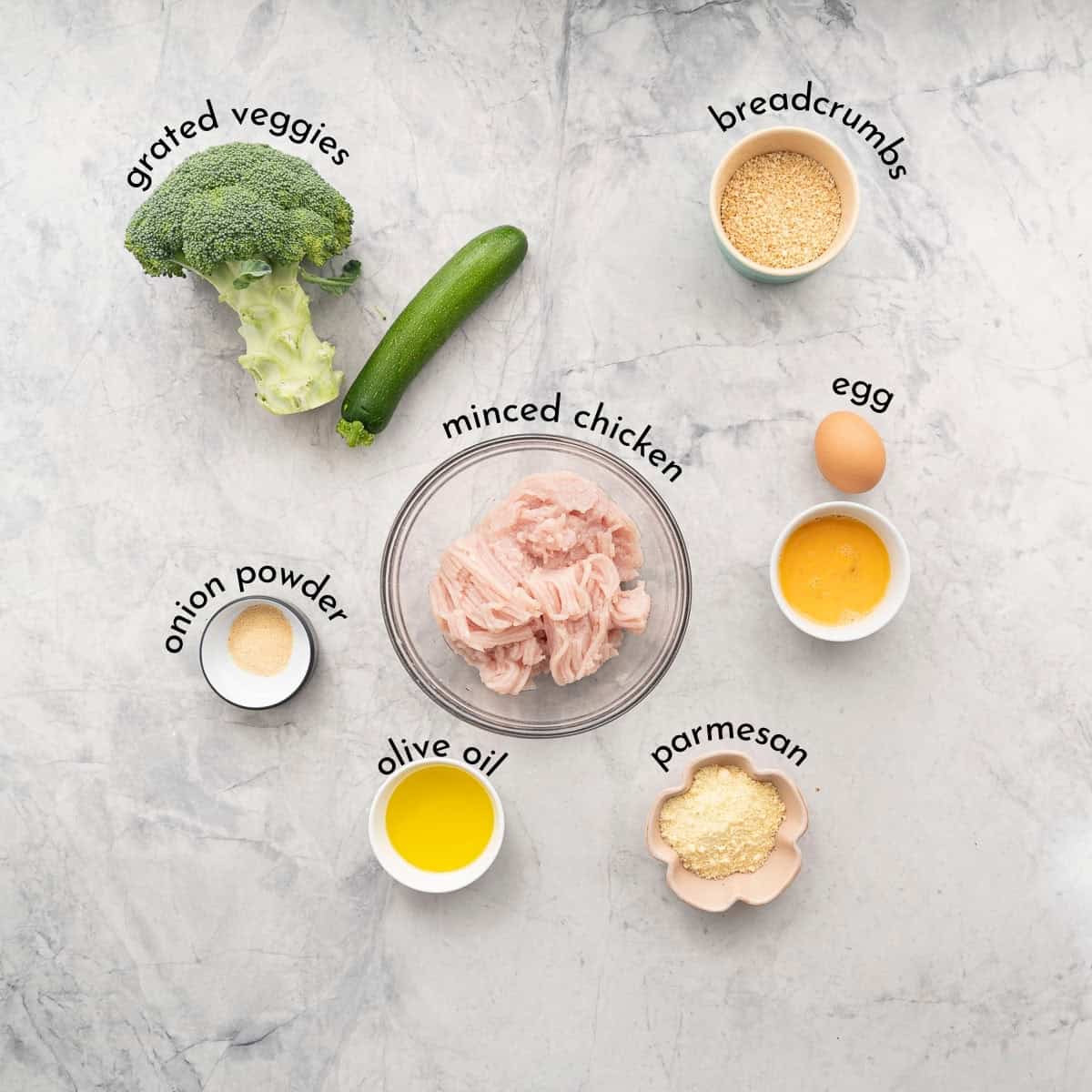 Ingredients for chicken meatballs on bench top with text overlay.