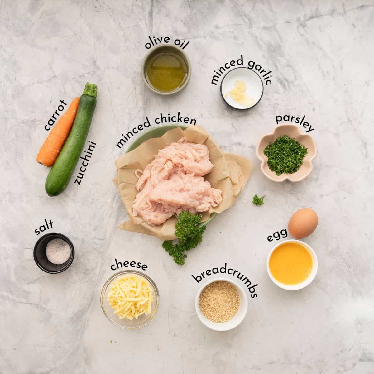 Ingredients for Chicken patties on benchtop with text overlay.