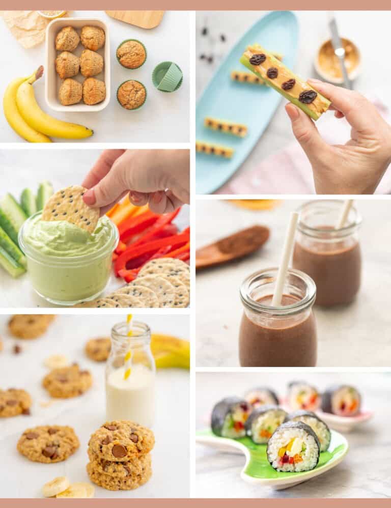 A six photo collage of a variety of after school snacks: sushi, muffins, cookies, smoothie, dip, vegetables.