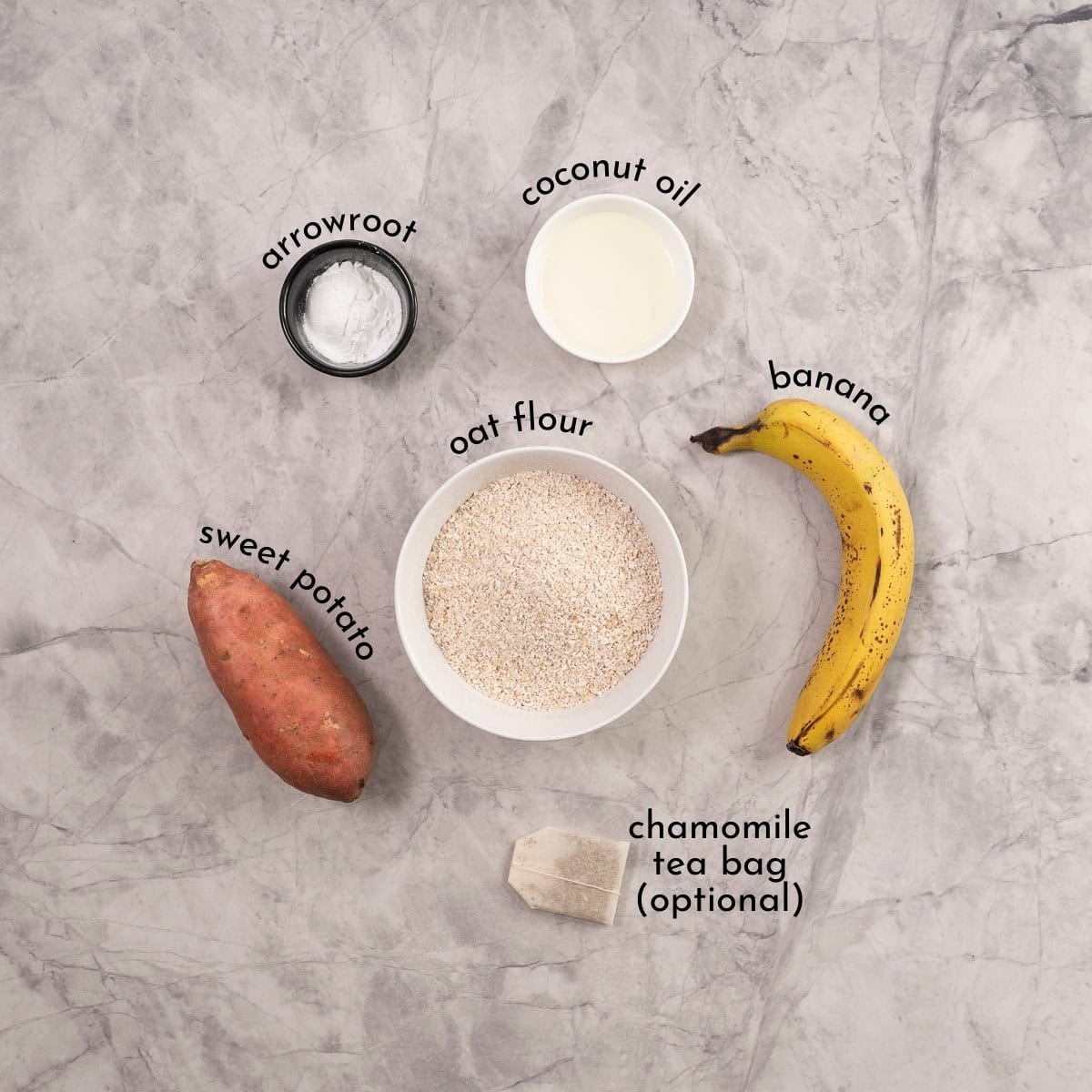Ingredients for baby rusks on benchtop with text overlay.