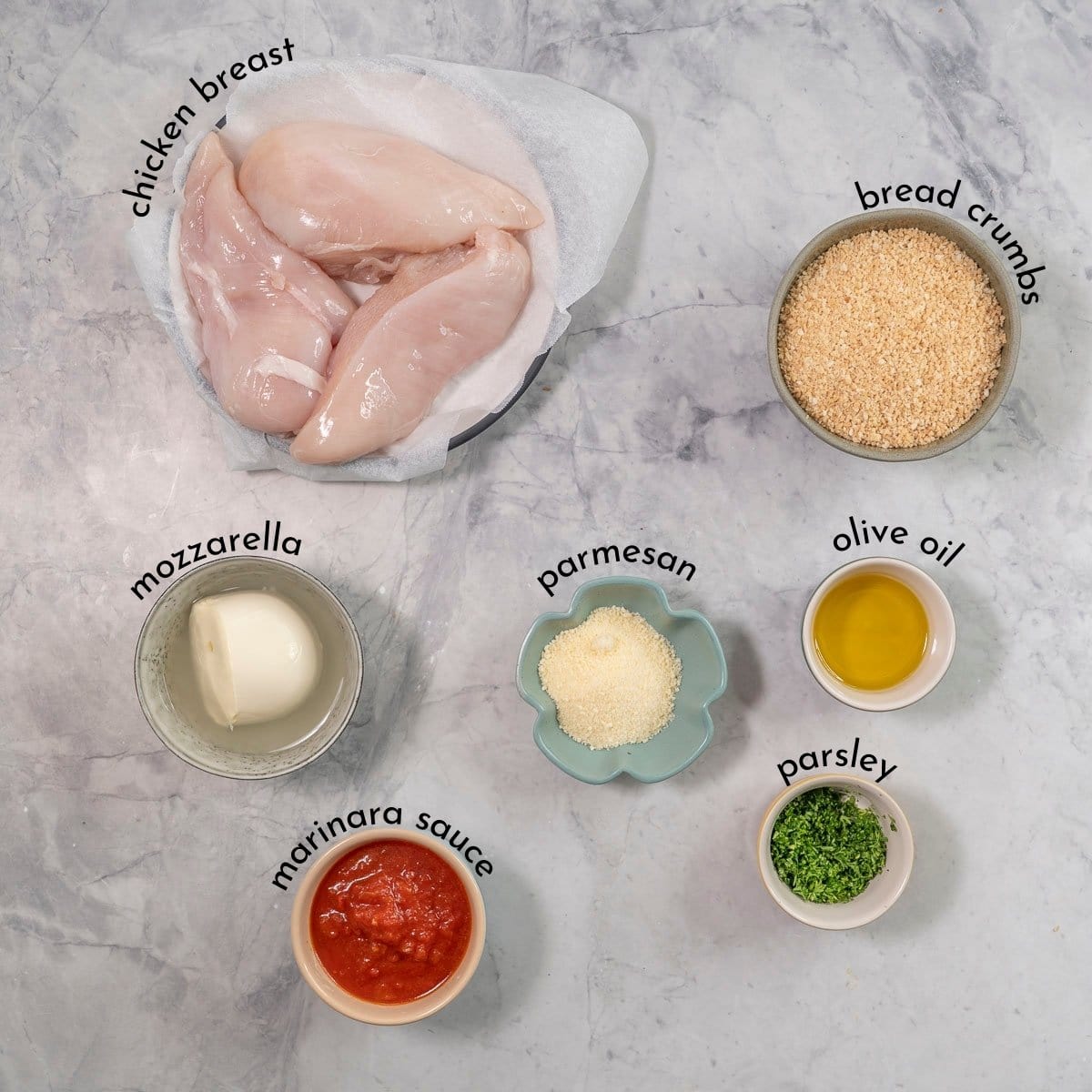 Ingredients for chicken parmesan on bench top with text overlay.