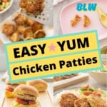 A 4 photo collage of chicken patties as a dinner, burger and baby led weaning meal with text overlay: Easy Yum Chicken Patties.