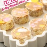 Slices of lolly cake on a white tray, with text overlay: Gluten Free Lolly Cake, a no bake kiwi classic.