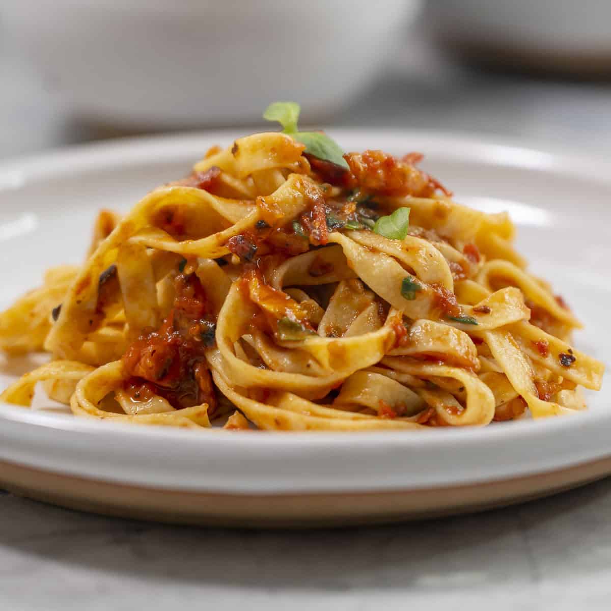 Pasta and roasted tomato sauce mixed together on a dinner plate, topped with basil leaves.