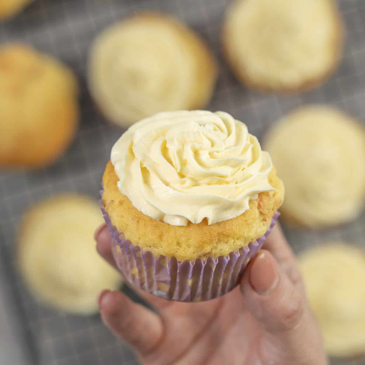 Womans hand holding a cupcake with frosting piped on top.