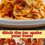 Photo of pasta on a plate covered in a tomato sauce, above a roasting pan of charred tomatoes with text overlay: Roasted Tomato sauce, ditch the jar, make your own.