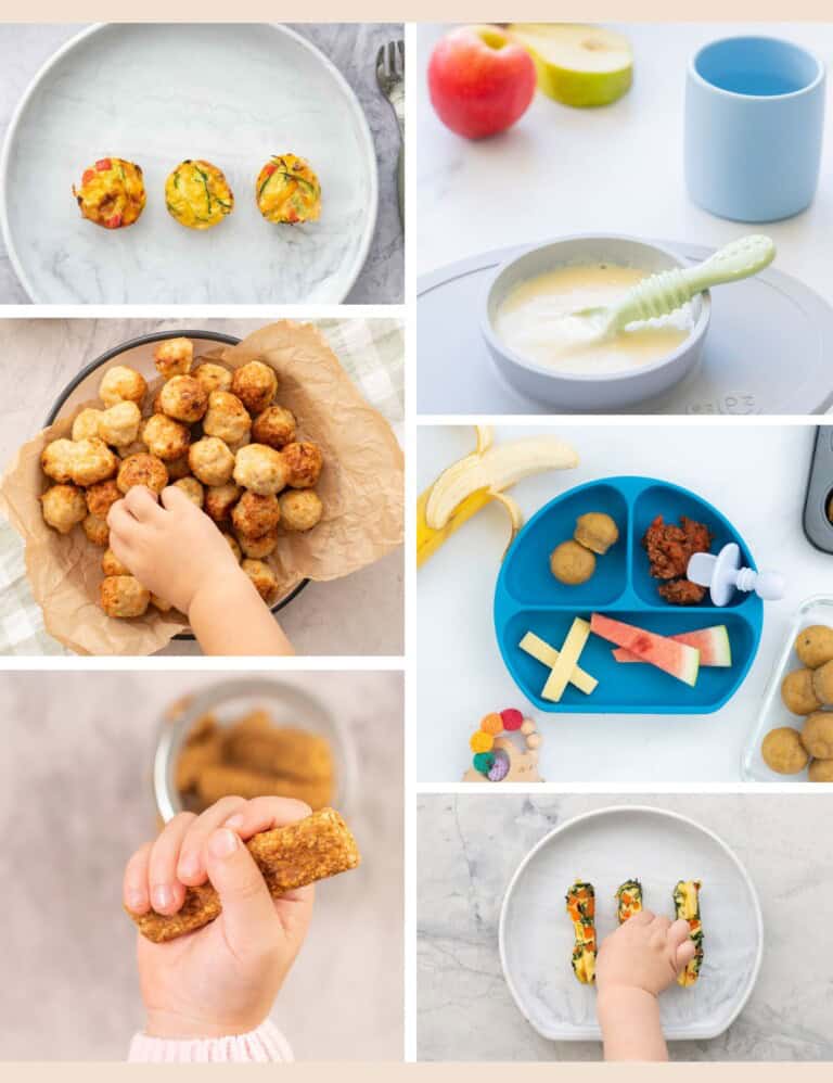 A six photo collage of baby snacks being grasped by baby hands.