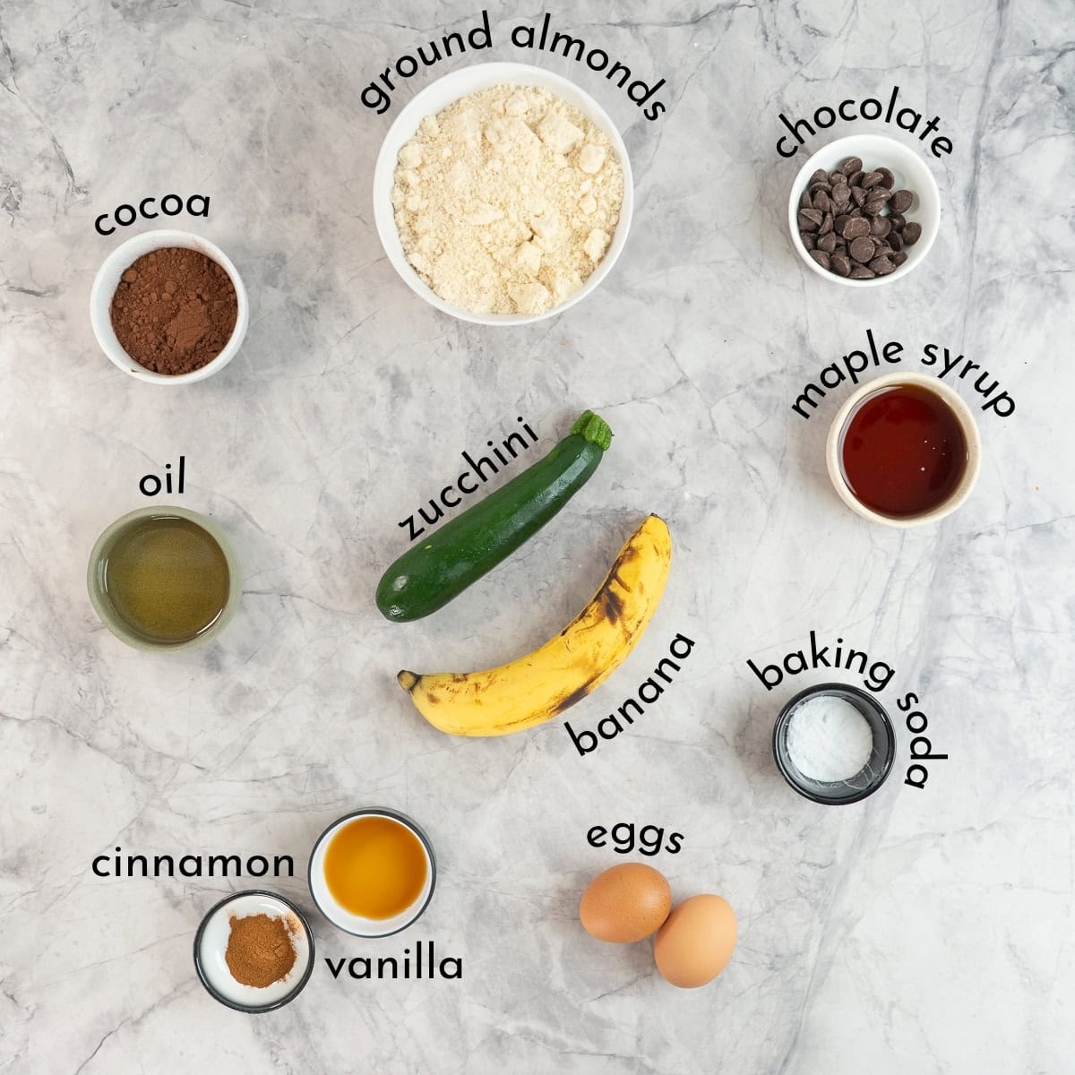 Ingredients for GF chocolate zucchini muffins on benchtop with text overlay.