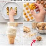Eight photo collage of snacks for toddlers, muffins, smoothies, tots being held by toddler hands. Text overlay; 50+ healthy snacks for toddlers, no added sugar.