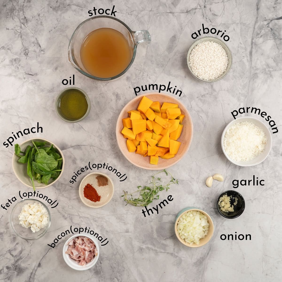 Ingredients for baked pumpkin risotto with text overlay.