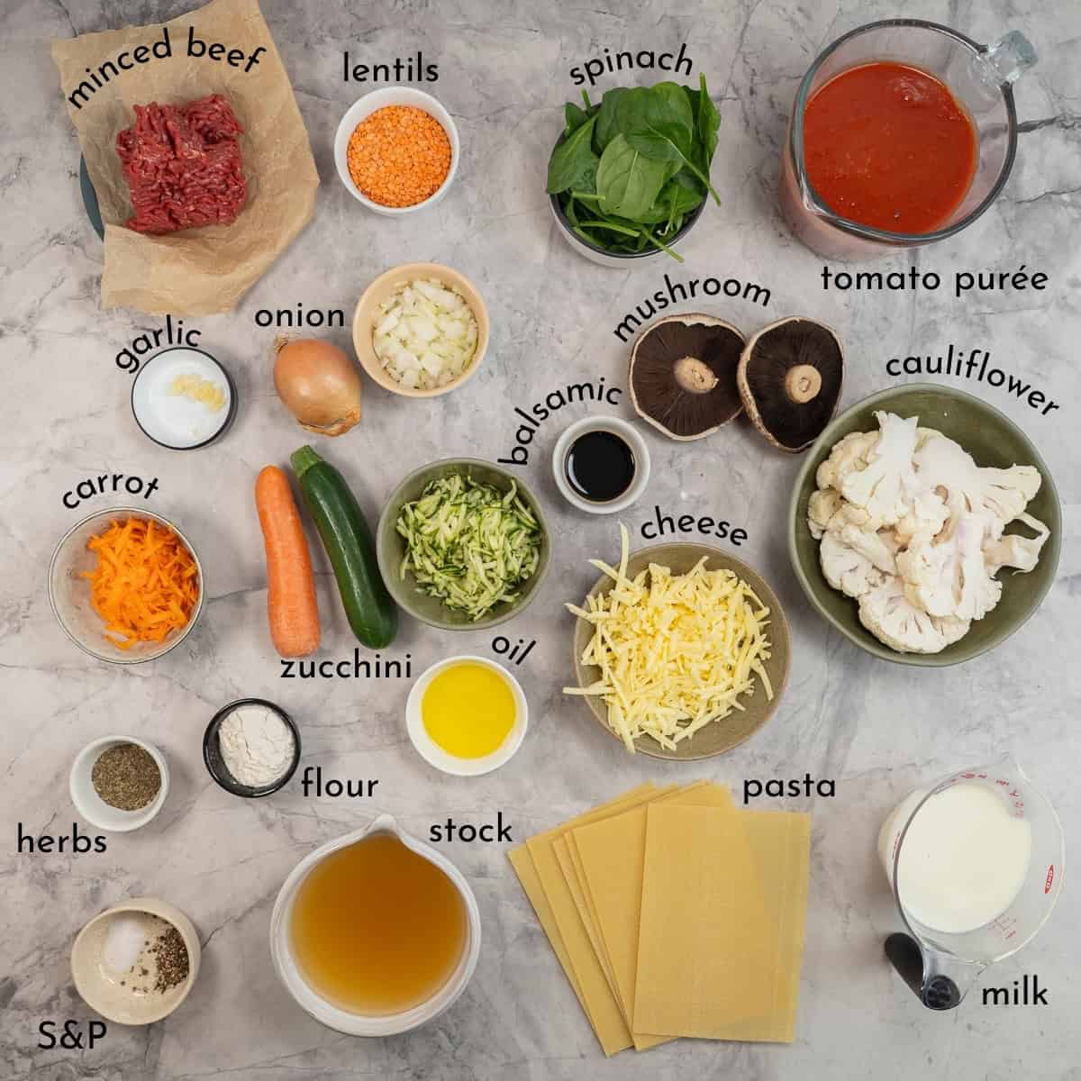 Ingredients for Lasanga on bench top with text overlay.