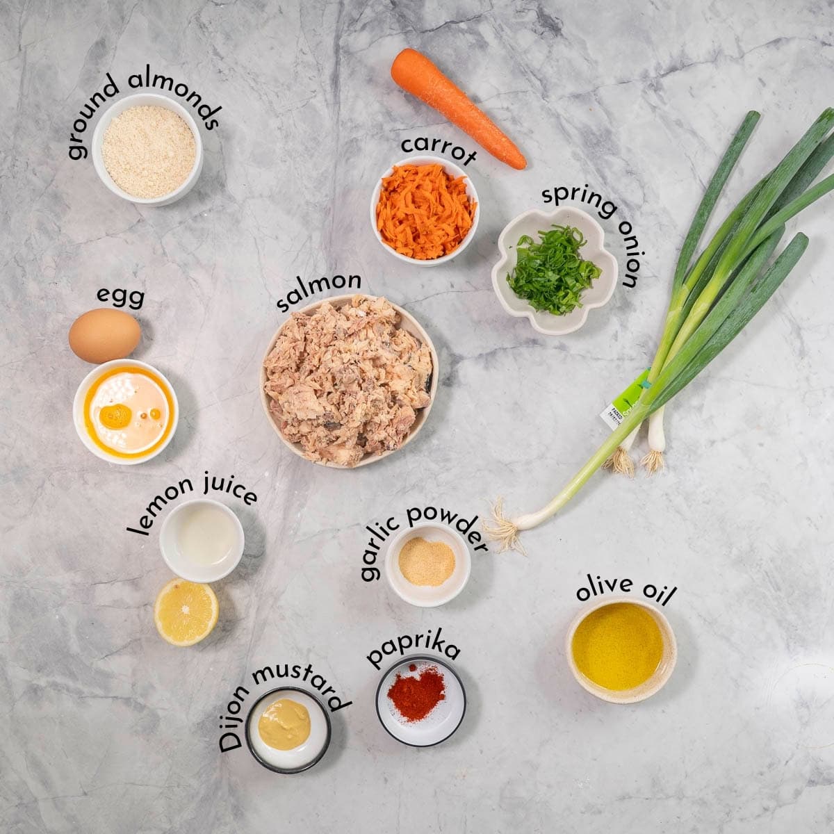 Ingredients for salmon patties on bench top with text overlay.