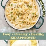 A two photo collage of cauliflower Alfredo pasta with text overlay; Cauliflower Alfredo Sauce, easy, healthy creamy, kid approved.