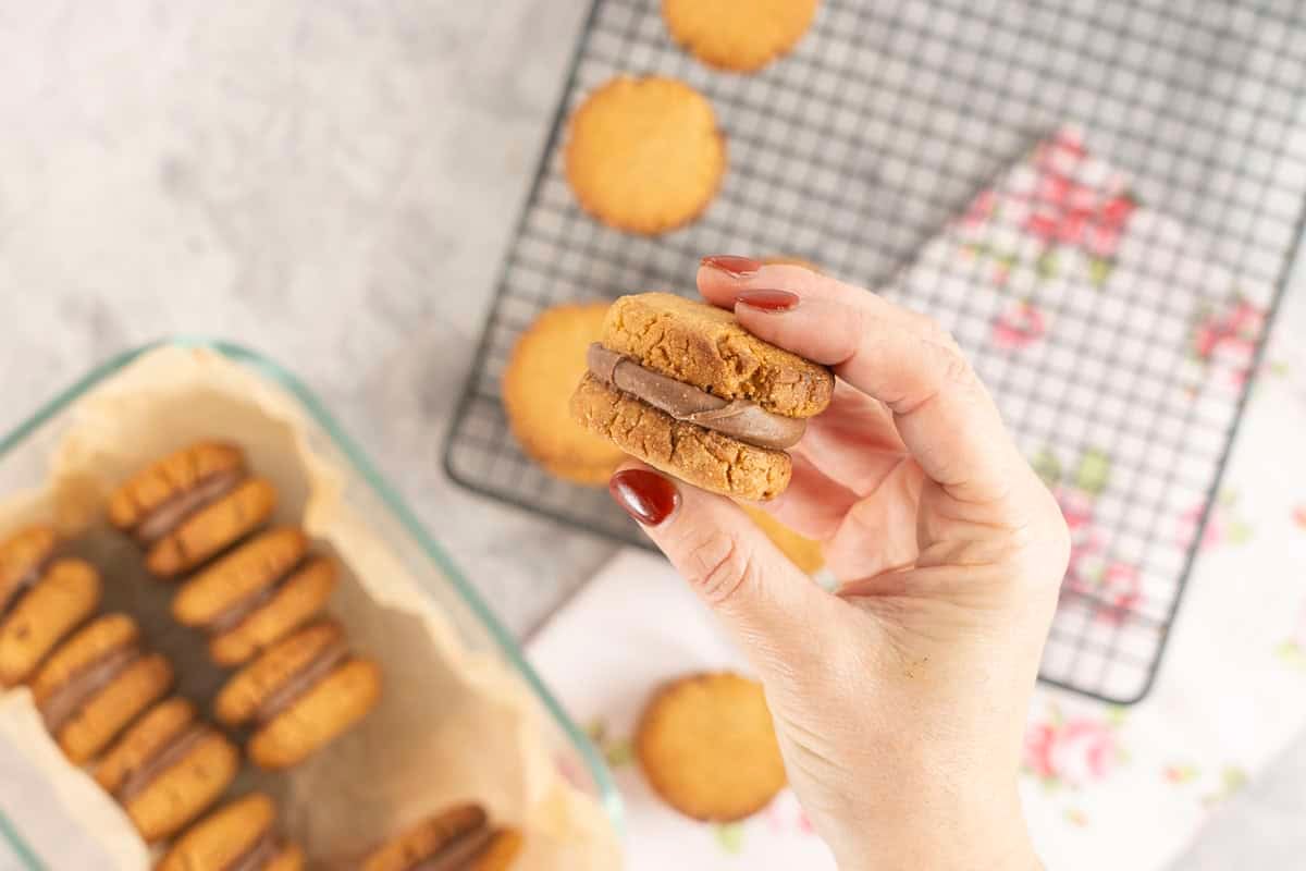 Womans hand holding a cookie with chocolate peanut butter mixture inside and two cookies on the outside.