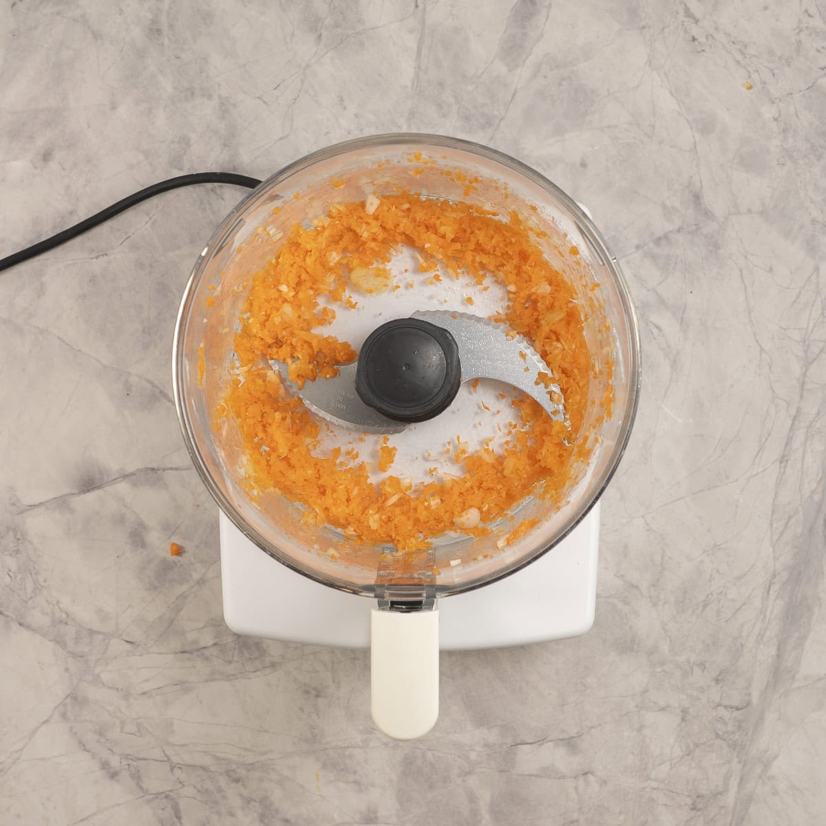 Onion and carrot finely chopped/minced in a food processor.