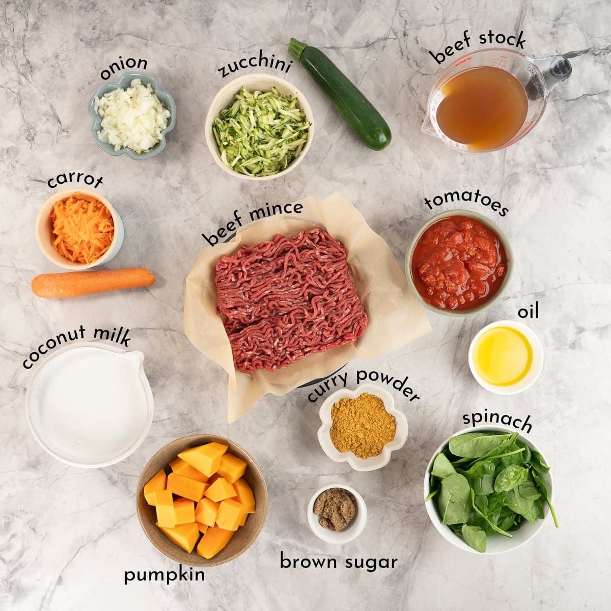 Ingredients for Mince curry on bench top with text overlay.