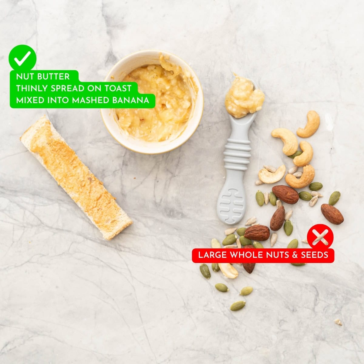 Whole nuts and seeds on a bench with a red cross, a piece of toast thinly spread with peanut butter with a tick.