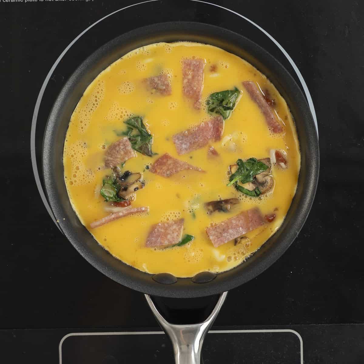 Egg in fry pan topped with tomato paste, cooked mushroom and spinach, cheese and sliced salami, topped again with more whisked egg.