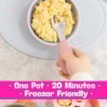 Two photo collage of cheesy rice being scooped up by a toddler using a baby fork and portioned in a freezer pod with text overlay; ,BLW Quick cheesy Rice, one pot 20 minutes, freezer friendly