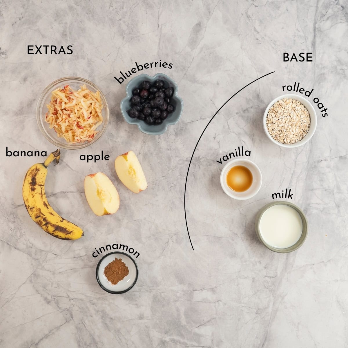 Ingredients for porridge fingers on marble benchtop with text overlay.