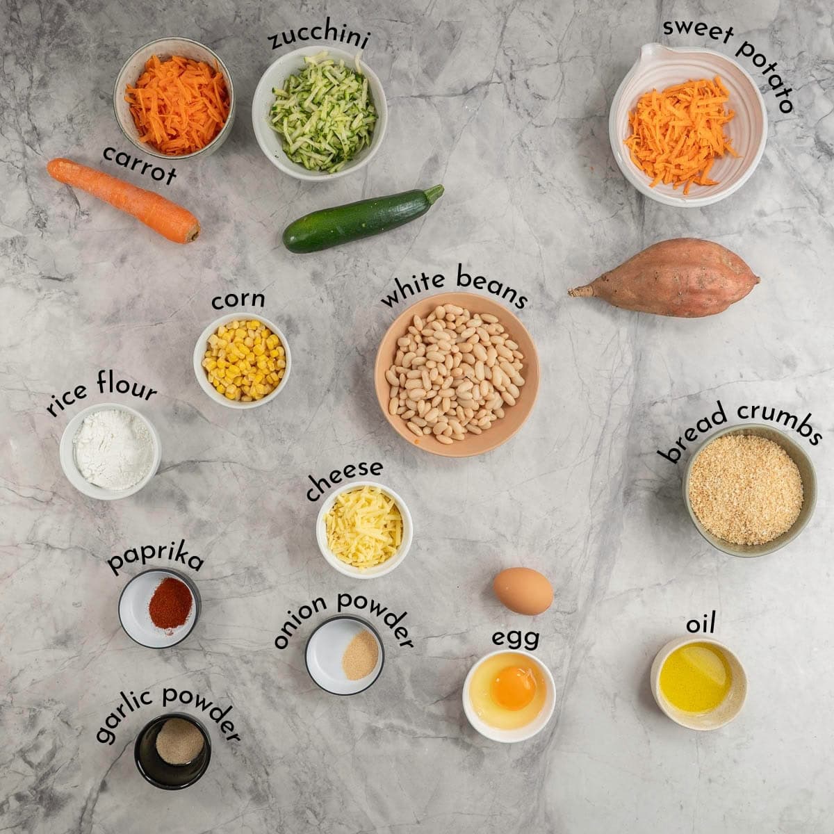 Ingredients on marble bench top with text overlay.