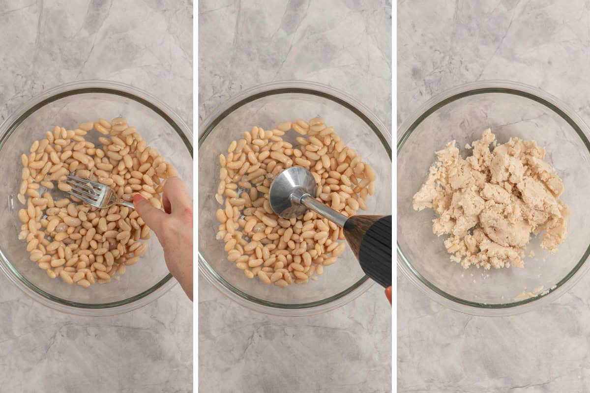 images of white beans - mashed by fork, blended with stick blender, then smooth and mashed in a glass bowl.