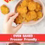 Two images of veggie nuggets served with ketchup with text overlay; Kid Friendly Veggie Nuggets, Oven Baked, Freezer Friendly.