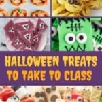 A collage of 7 bright colourful images of kid friendly halloween treats with text overlay; Halloween Treats To Take To Class.