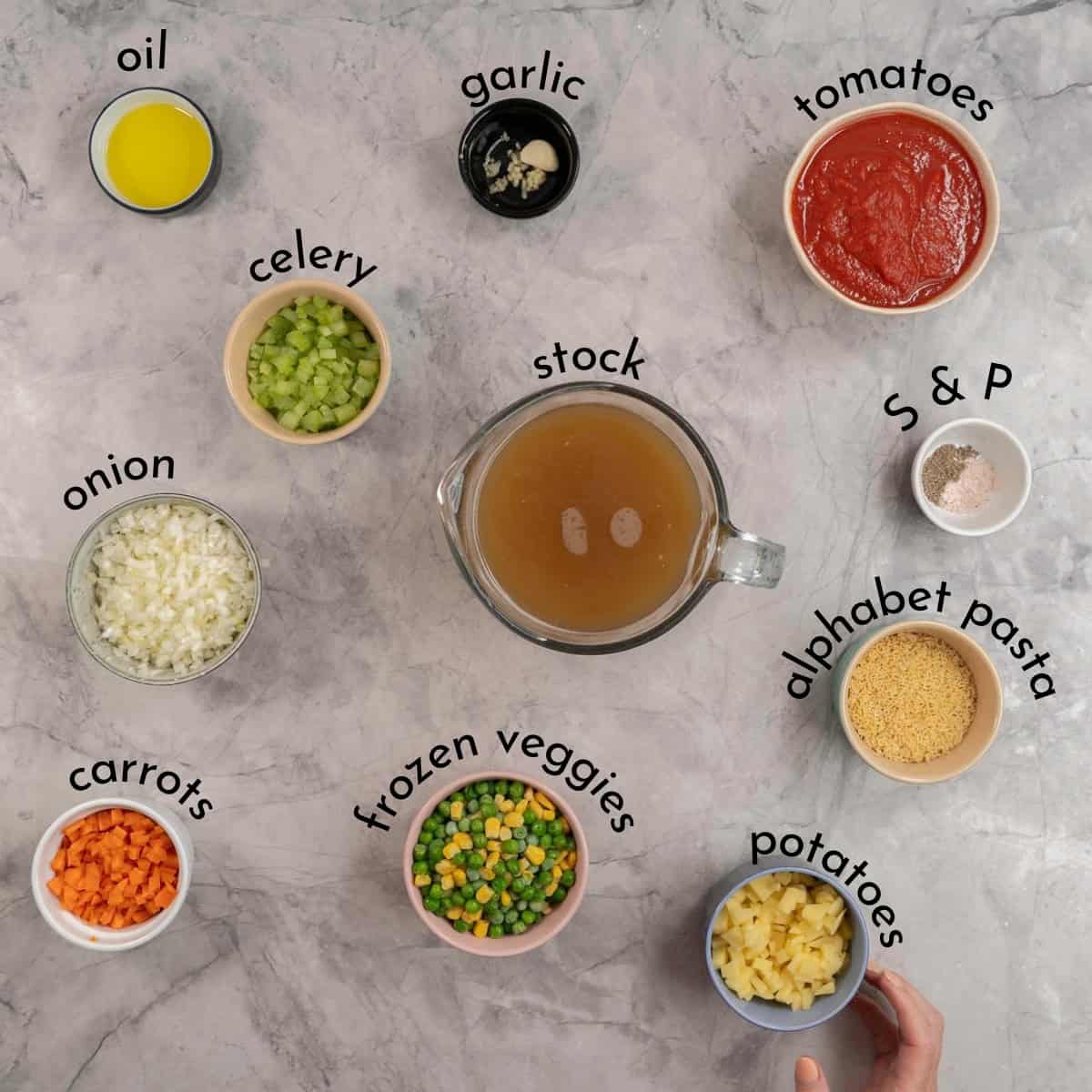 Ingredients for alphabet soup on bench top with text overlay.