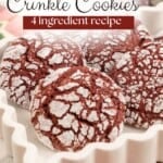 A white tray of red velvet crinkle cookies with text overlay; 'Red Velvet Crinkle Cookies, 4 ingredient recipes, easy Christmas Baking'.