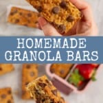 Close ups of a choc chip studded granola bra with text overlay; 'kid approved, homemade granola bars.'