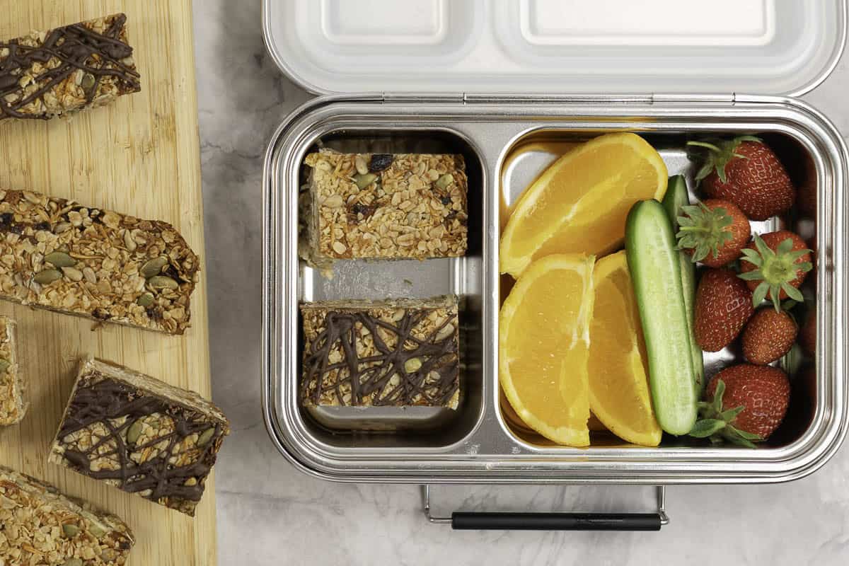 Stainless steel lunchbox, one compartment with a homemade granola bars, and other an assortment of fresh fruit.