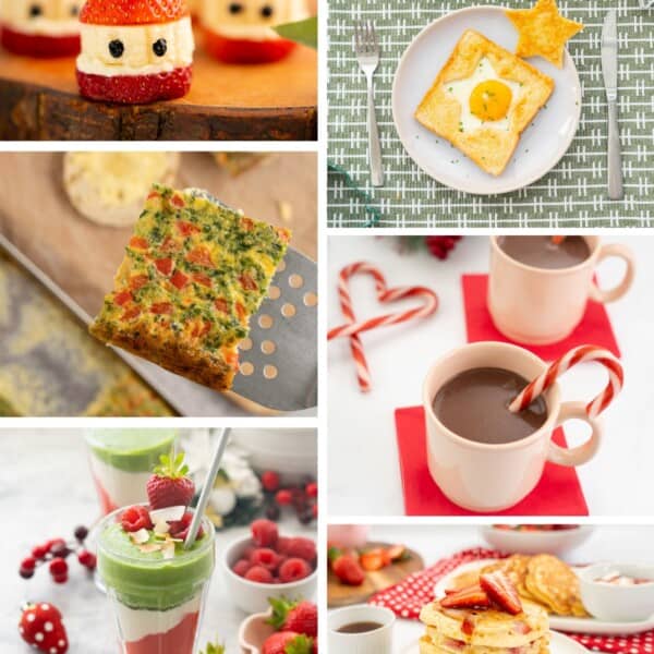 Six photo collage of Christmas themed breakfast ideas.