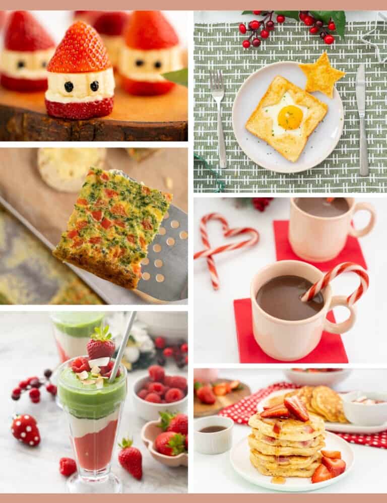 Six photo collage of Christmas themed breakfast ideas.